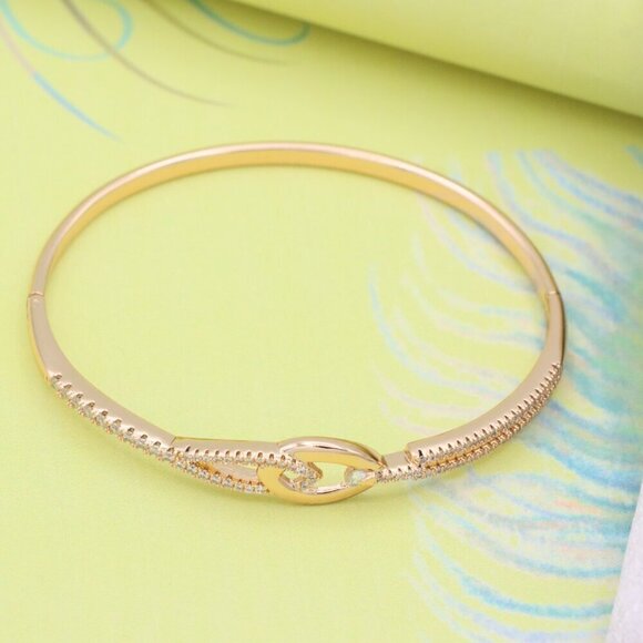 Rose Gold Bangle with Elegant Linked Center and Crystal Detailing, XPBL0565 - Picture 3 of 12